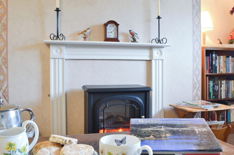 Warm and welcoming living room with electric woodburner | Upper Ffinnant - Ffinnant, Soar, near Brecon