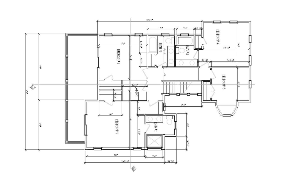 2nd floor plan showing four bedrooms, three bathrooms and laundry room.  Two of the bedrooms open onto the second floor deck.  Bedroom #4 with be a bunk room with 2 twins and 2 double beds.  Bedroom 2 & 3 will be kings and bedroom 5 will be a queen.