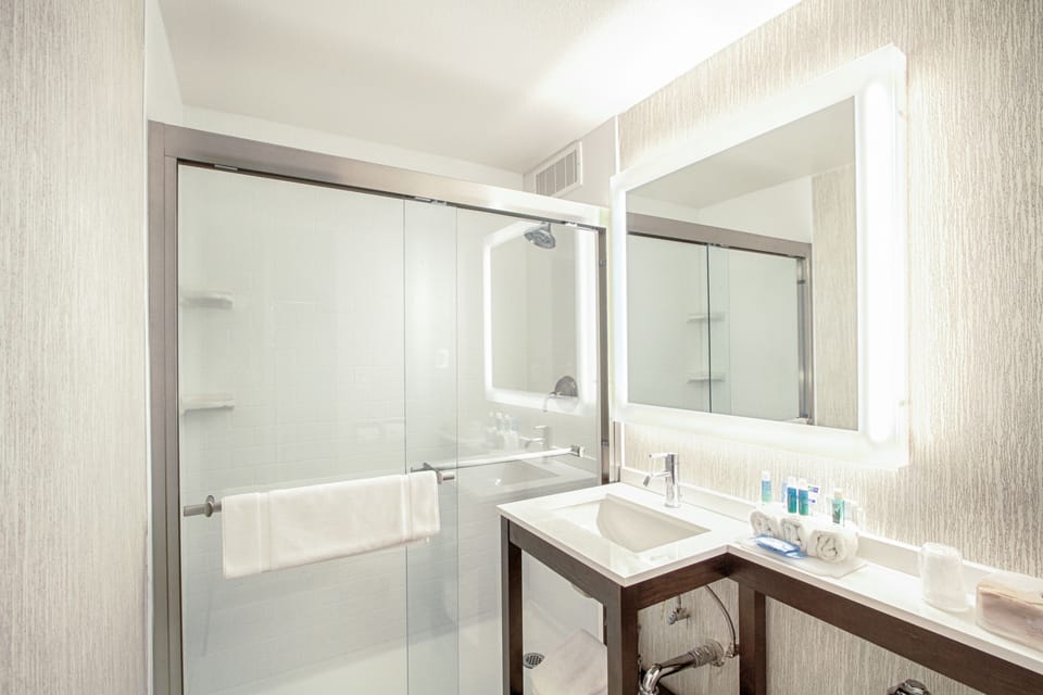 Combined shower/tub, eco-friendly toiletries, hair dryer, towels