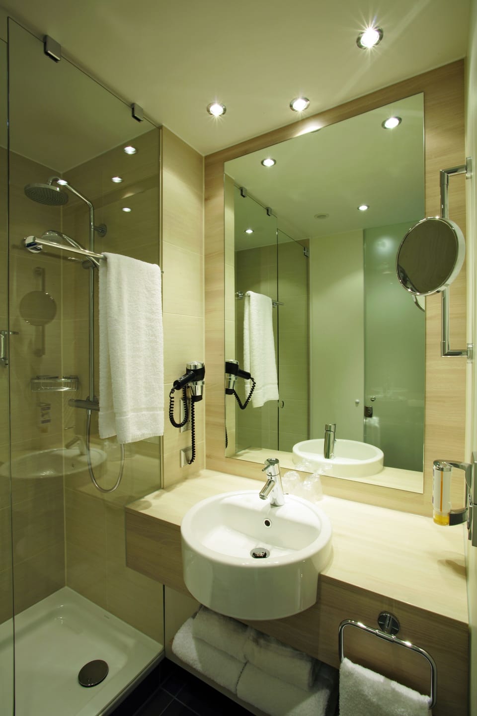 Shower, rainfall showerhead, eco-friendly toiletries, hair dryer