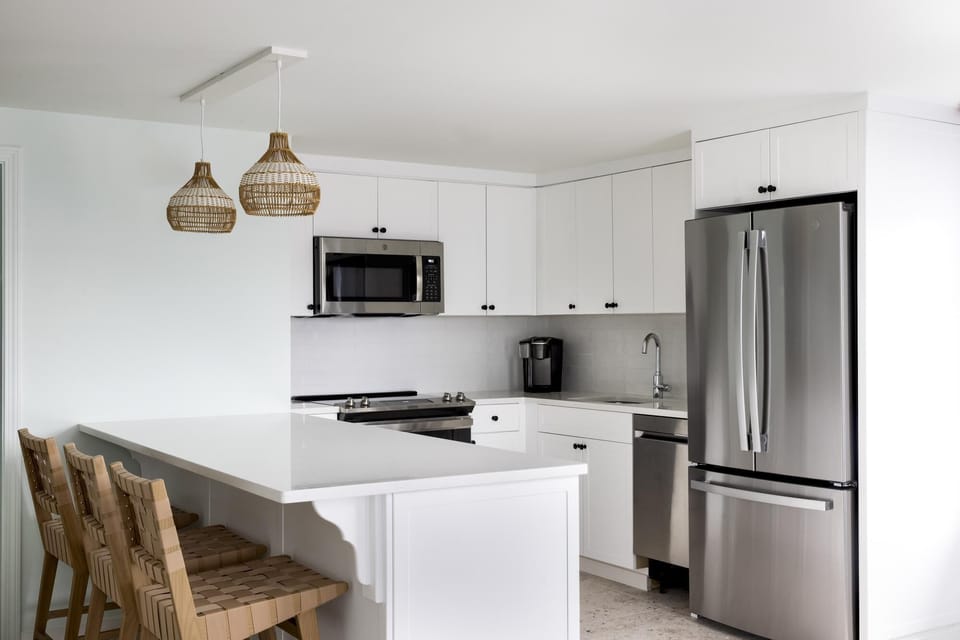Coffee/tea maker, fridge, shared microwave