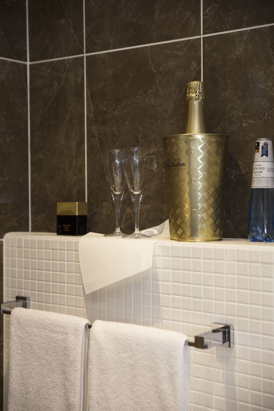 Separate tub and shower, hair dryer, towels, soap