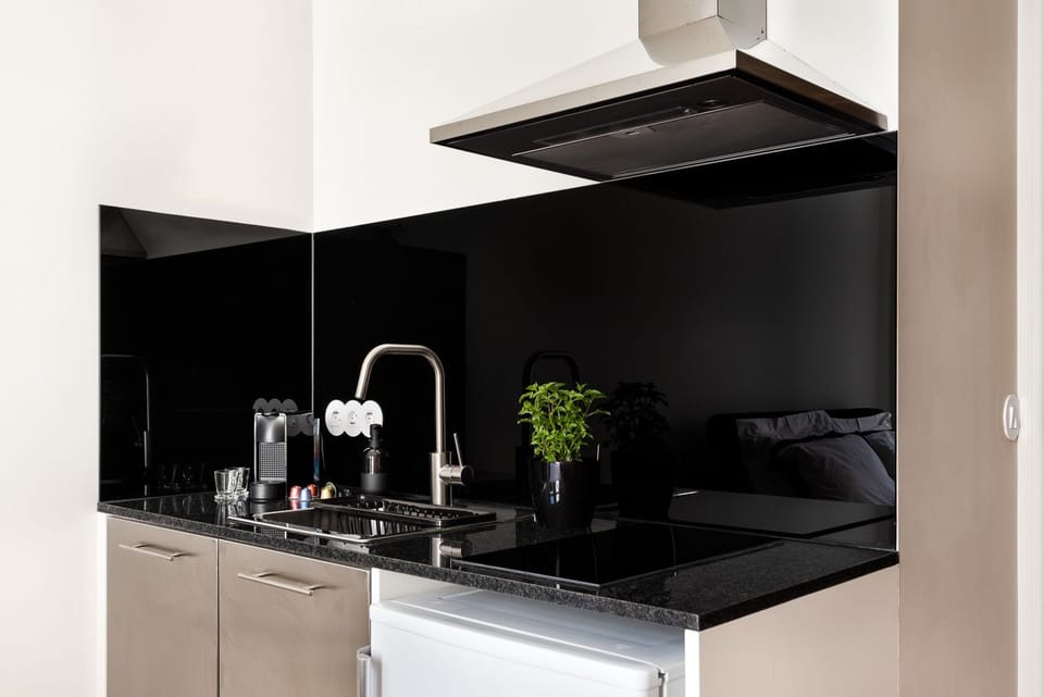 Mini-fridge, microwave, espresso maker, electric kettle
