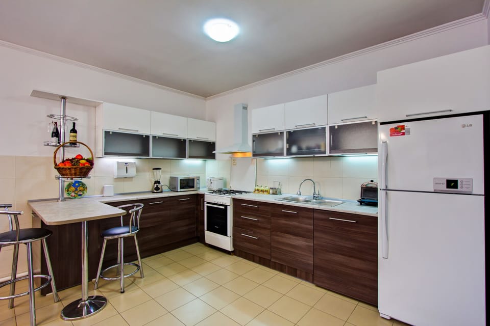 Full-size fridge, microwave, oven, rice cooker