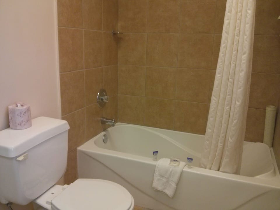 Combined shower/tub, deep soaking tub, free toiletries, towels