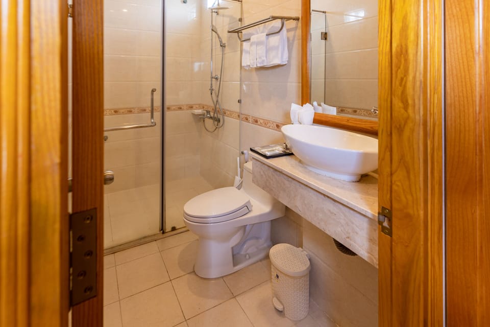 Shower, free toiletries, hair dryer, slippers