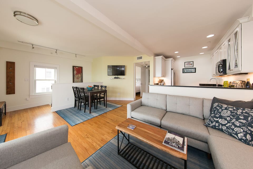 The open living and dining area and kitchen.