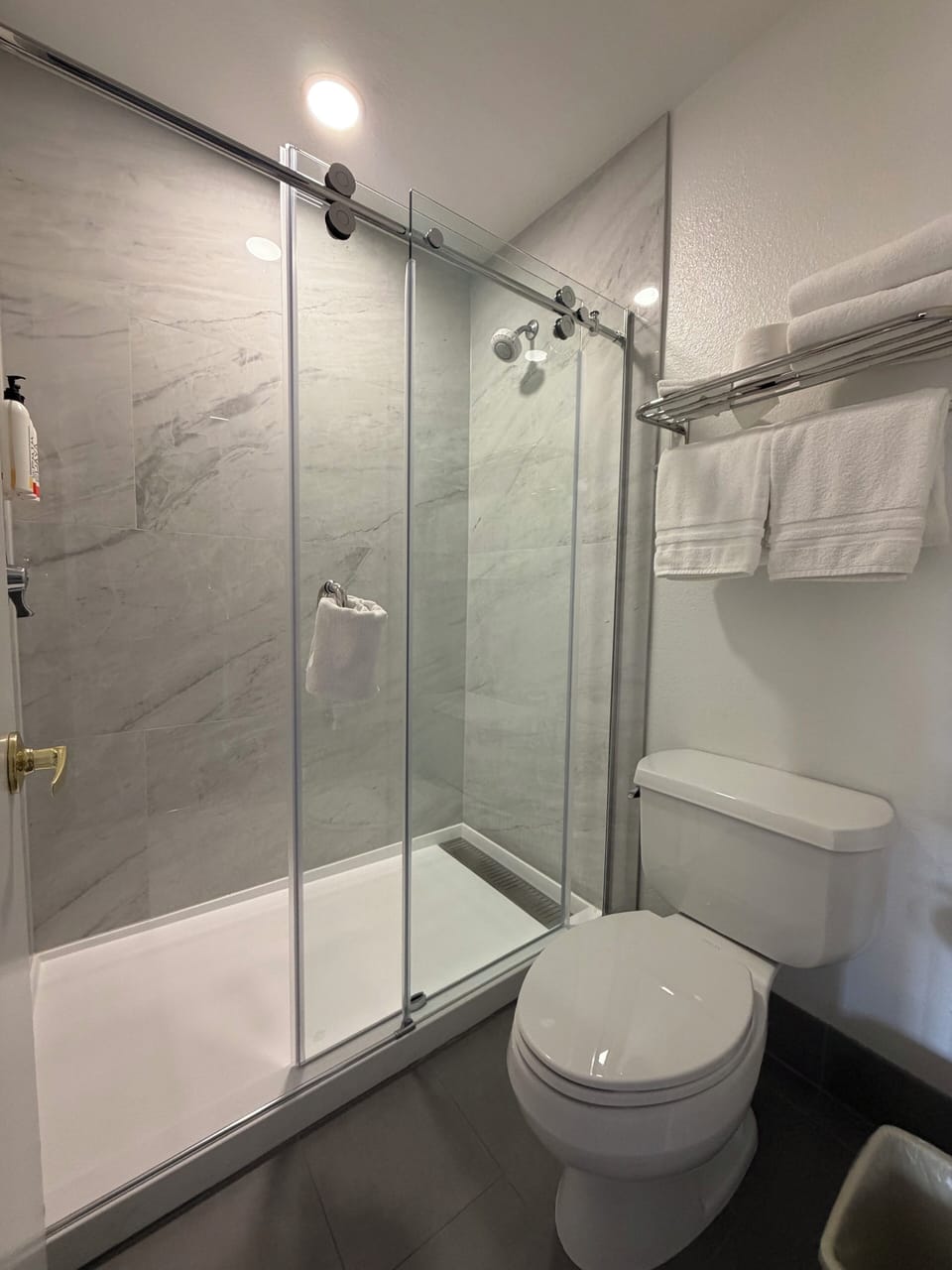 Shower, free toiletries, hair dryer, towels