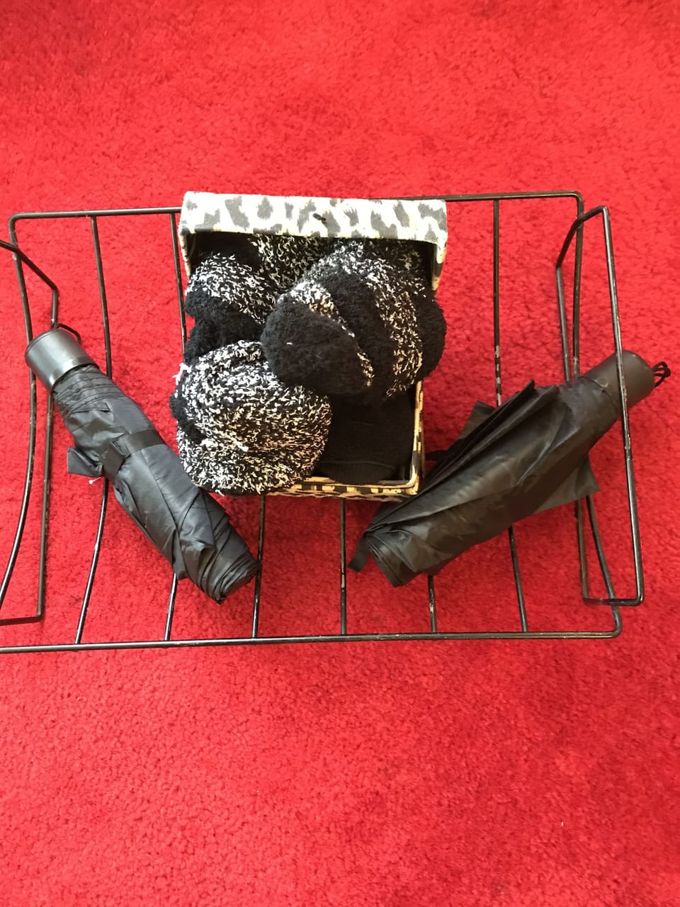 Animal print box with clean socks and umbrellas for Those rainy times in Georgia 