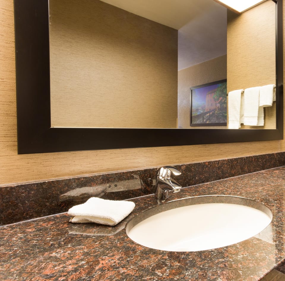 Combined shower/tub, free toiletries, hair dryer, towels