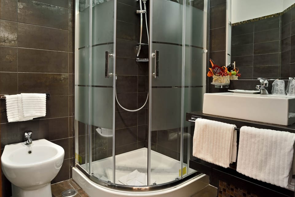 Shower, free toiletries, hair dryer, slippers