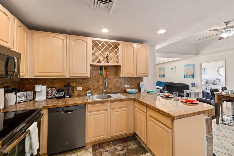 Well-stocked kitchen with everything you need to cook meals at home.