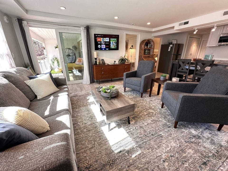 Streaming TV, record player, swinging porch bed, vintage bar, and fireplace