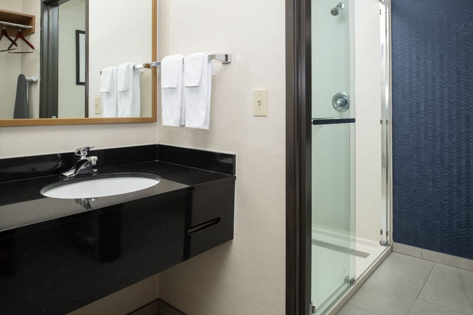 Combined shower/tub, free toiletries, hair dryer, towels