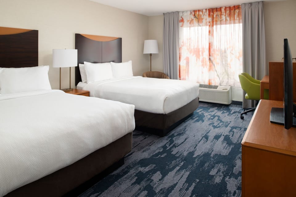 Room, 2 Double Beds | Desk, laptop workspace, blackout drapes, iron/ironing board