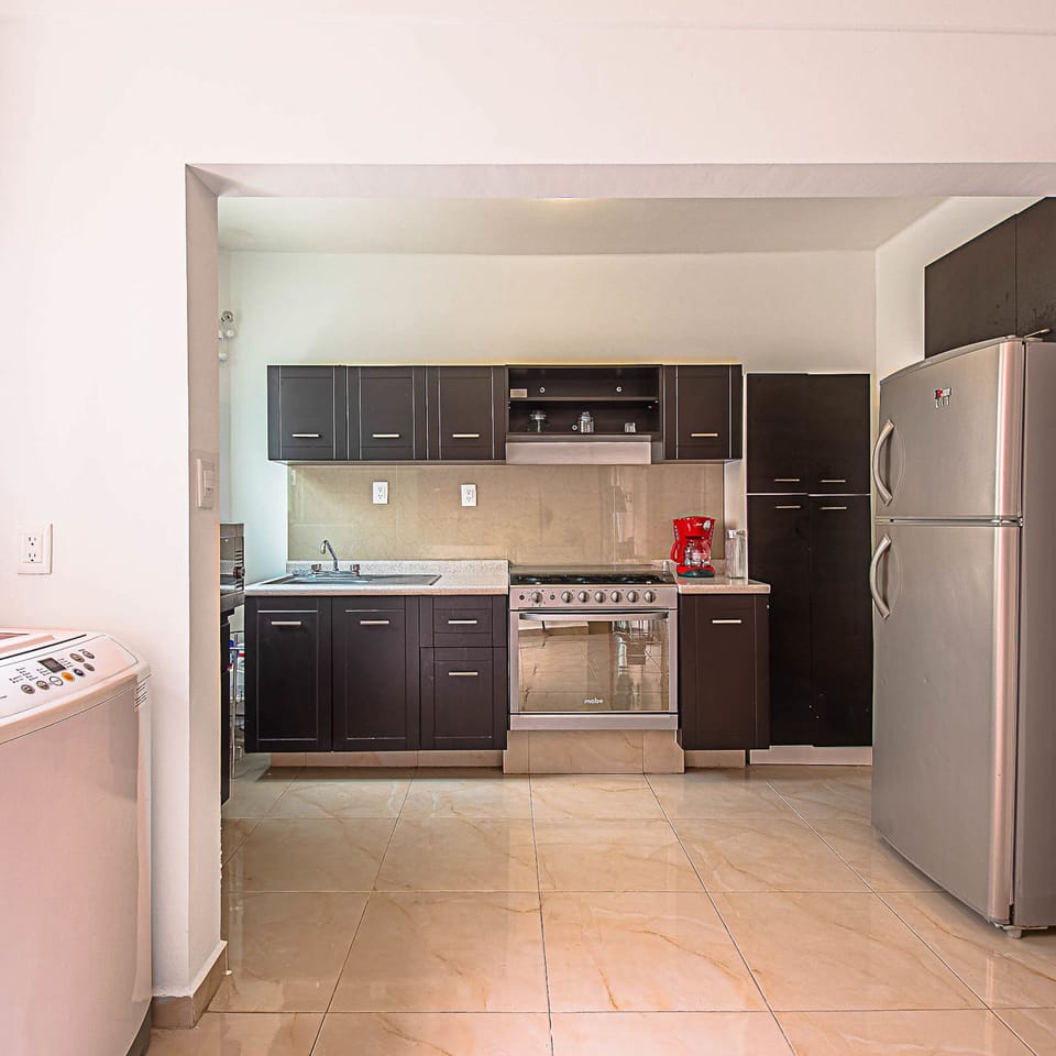 Fridge, microwave, coffee grinder, toaster oven