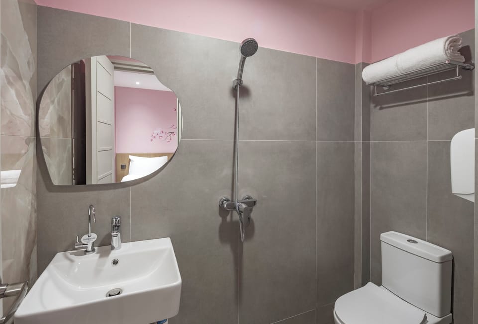 Shower, free toiletries, hair dryer, towels