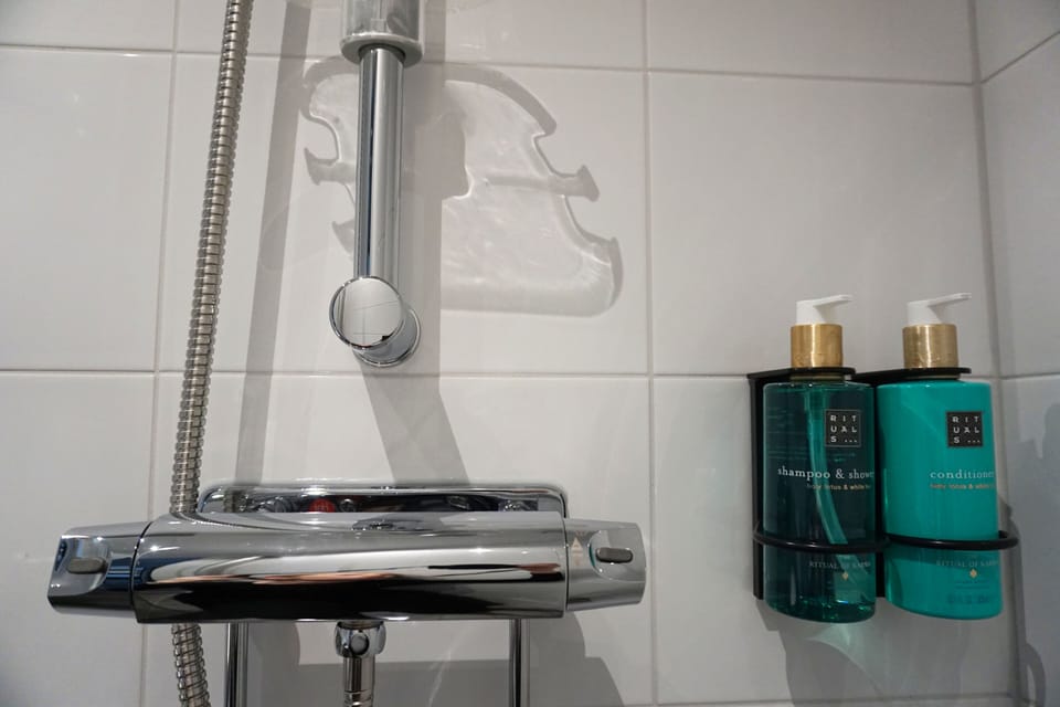 Shower, eco-friendly toiletries, hair dryer, towels