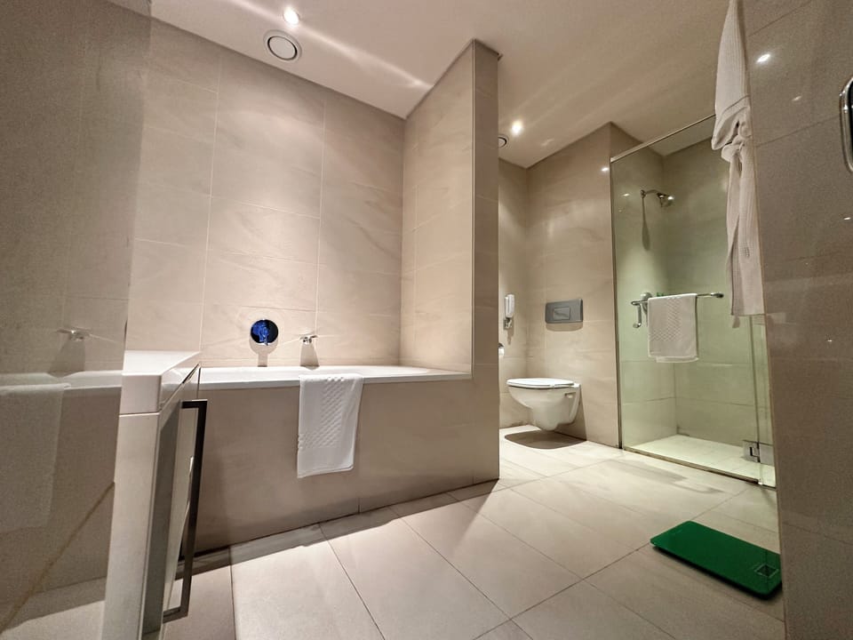 Separate tub and shower, free toiletries, hair dryer, towels