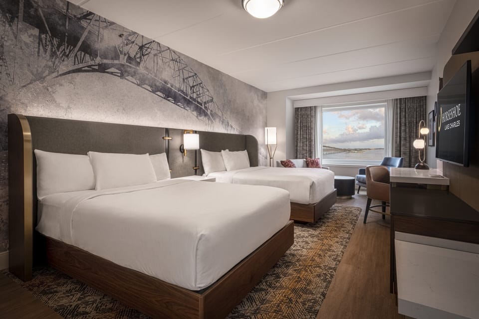 Premium Room, River View, 2 Queens, Non-Smoking | In-room safe, desk, blackout drapes, iron/ironing board