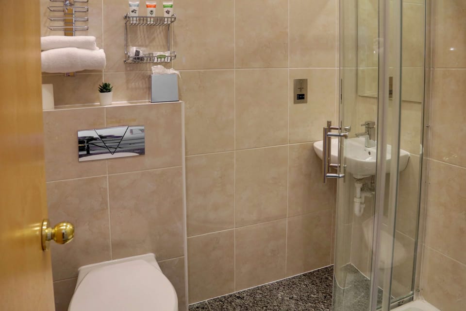 Shower, eco-friendly toiletries, hair dryer, towels