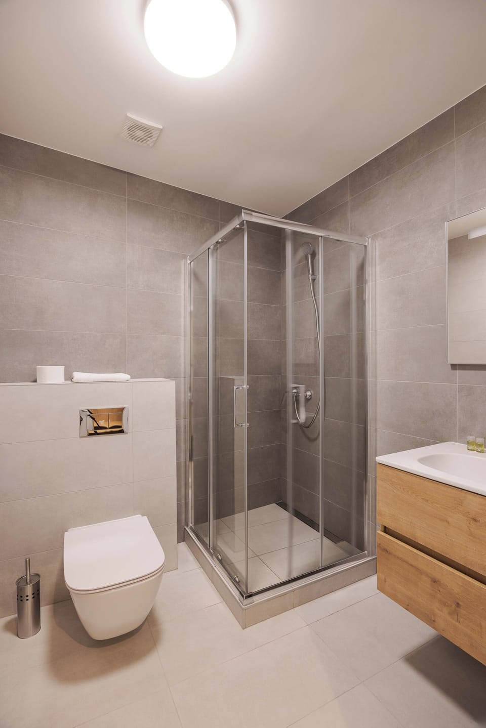 Free toiletries, hair dryer, heated floors (bathroom), towels