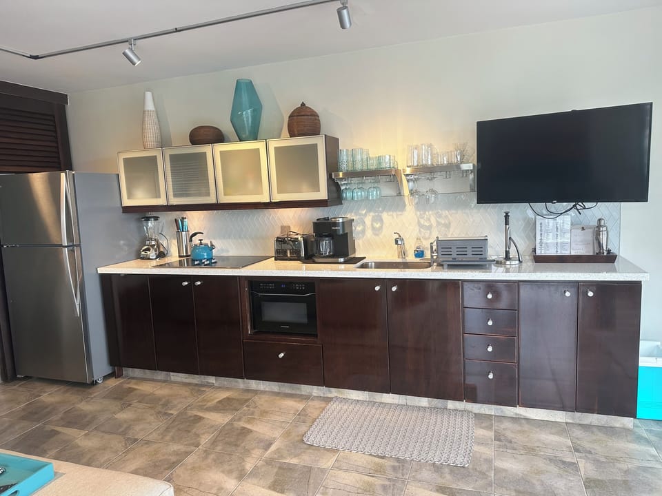 Kitchen w/ full-sized fridge, keurig duo, microwave/convection oven & stove top