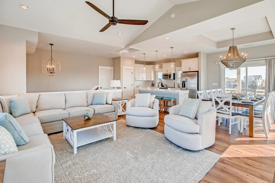 The great room's open layout keeps the whole group connected no matter the activity.