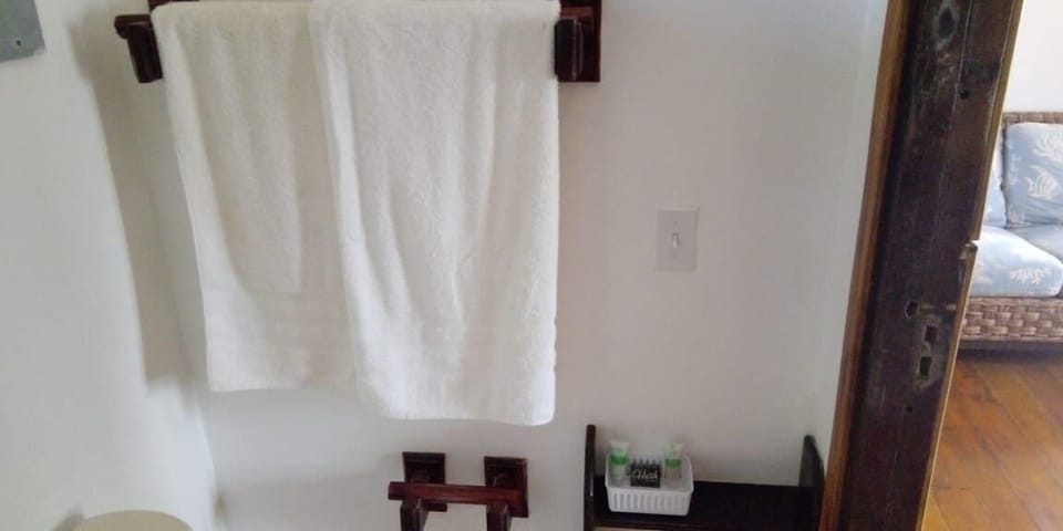 Shower, free toiletries, towels, soap