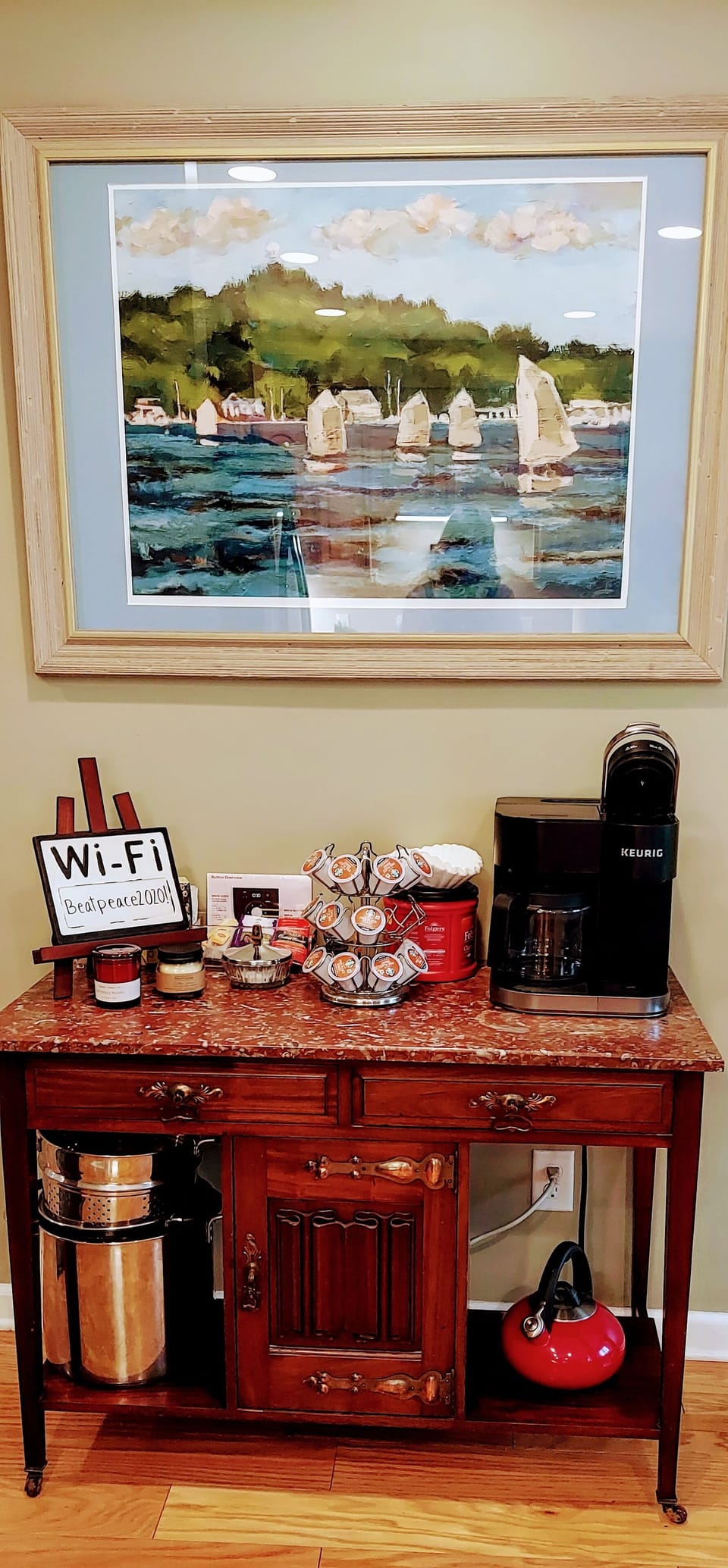 Coffee bar with single serve and pot, local art throughout the home