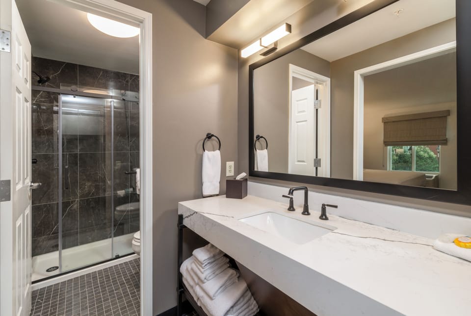 Shower, hydromassage showerhead, free toiletries, hair dryer