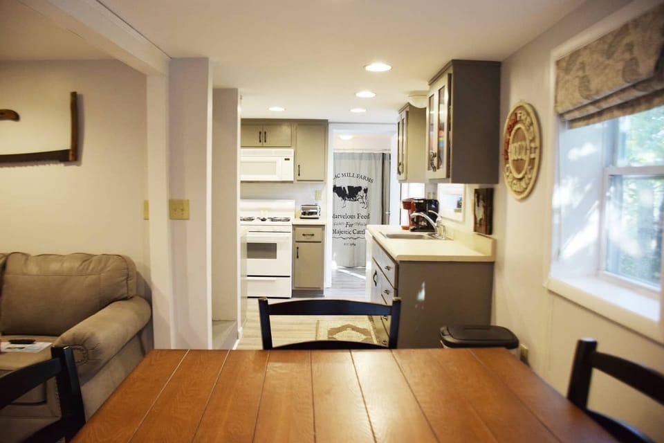 Downstairs kitchen and living area with sofa bed