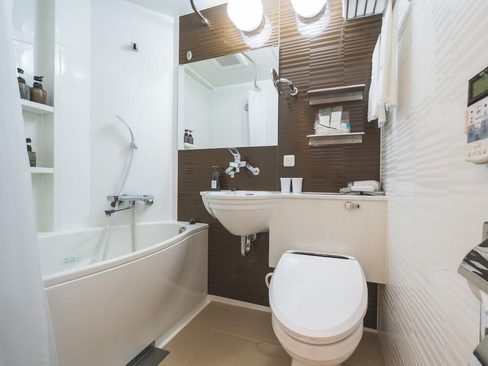 Combined shower/tub, free toiletries, hair dryer, slippers