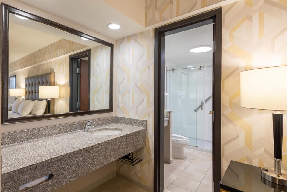 Combined shower/tub, free toiletries, hair dryer, towels