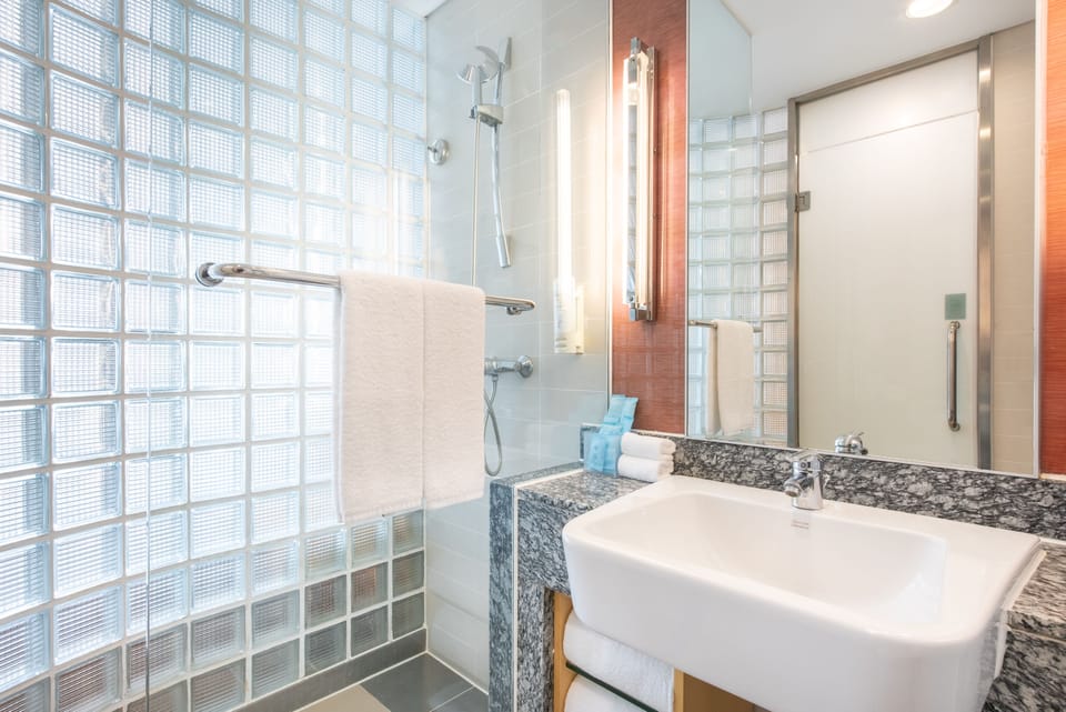 Shower, rainfall showerhead, free toiletries, hair dryer