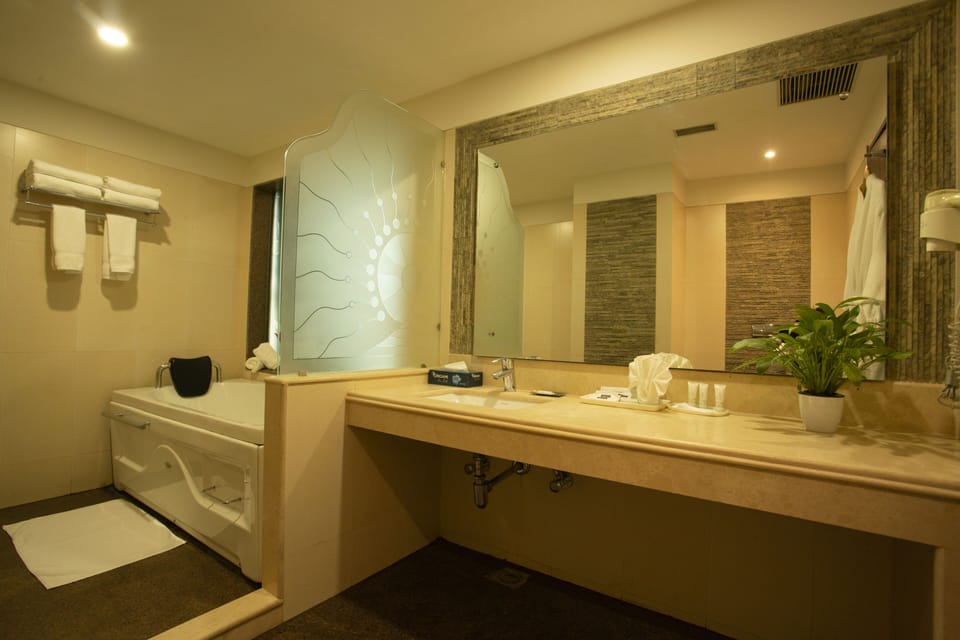 Shower, rainfall showerhead, free toiletries, hair dryer