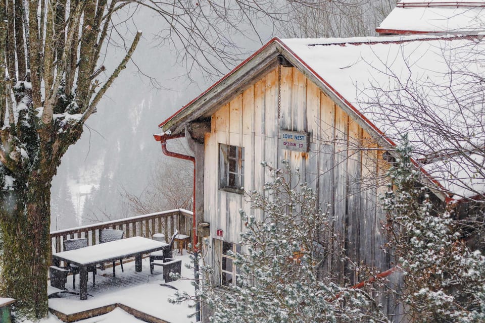 the chalet up close on a winter snow day 