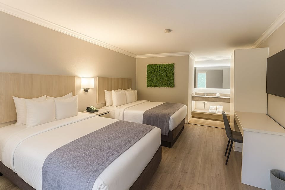 Double Room, 2 Queen Beds, Non Smoking | In-room safe, desk, laptop workspace, blackout drapes