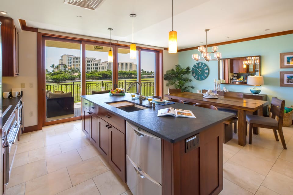 Open concept kitchen, dining room and living room.