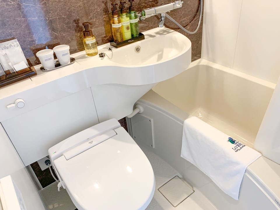 Combined shower/tub, free toiletries, hair dryer, slippers