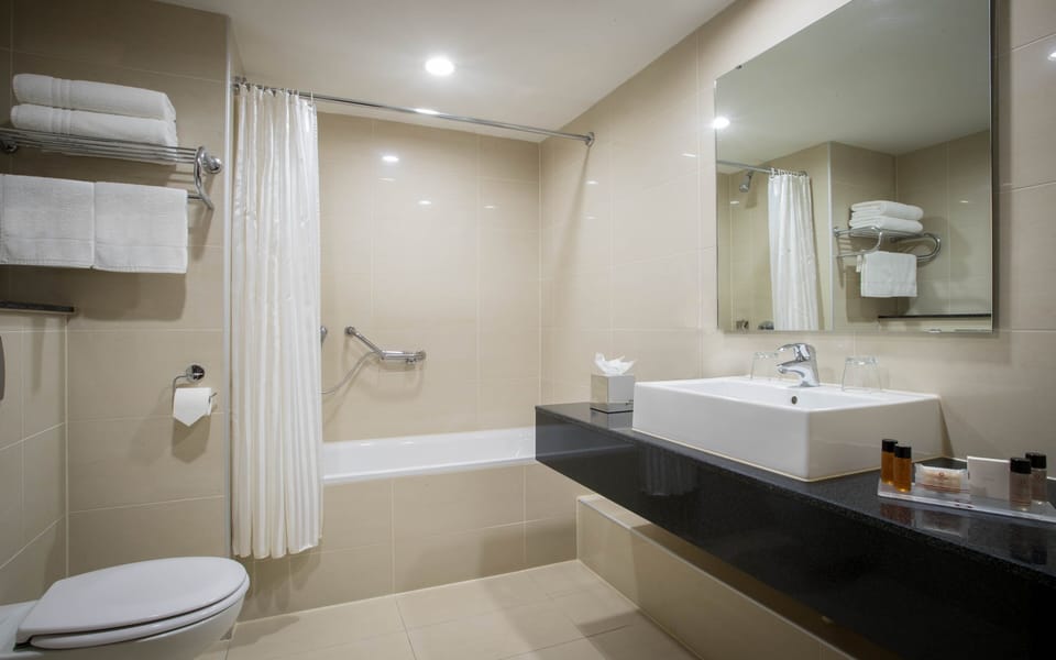 Combined shower/tub, hair dryer, towels