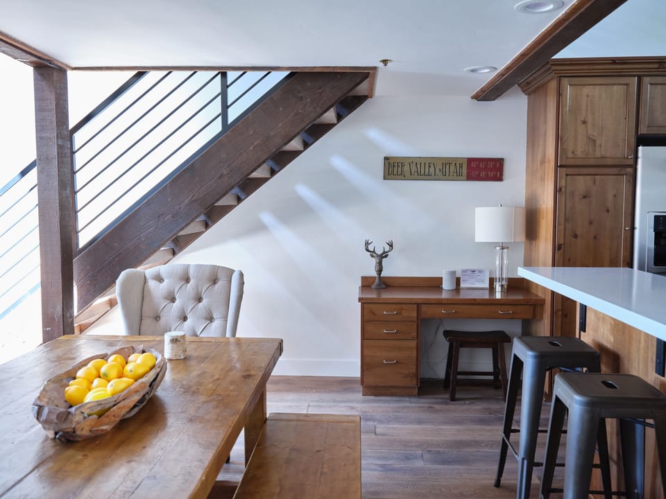 The dining area and desk.