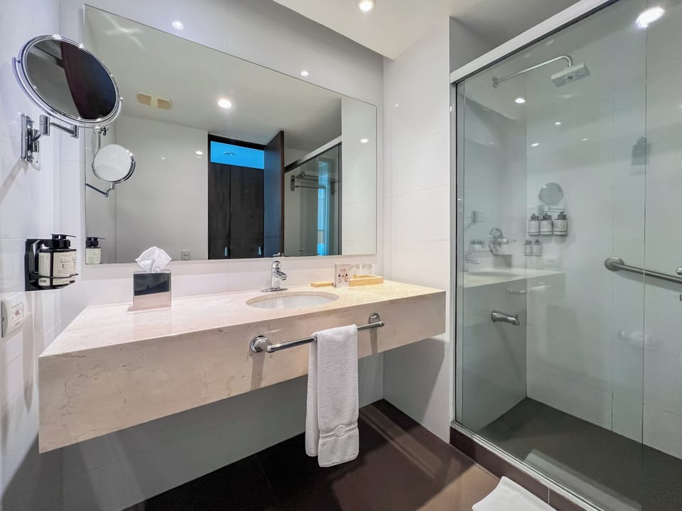 Shower, rainfall showerhead, free toiletries, towels