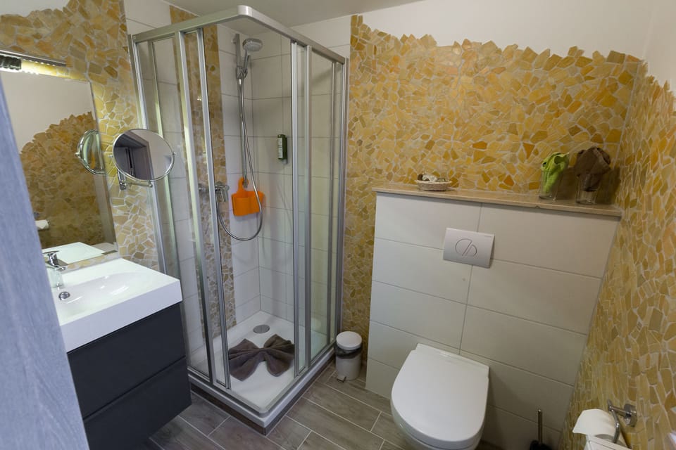 Shower, free toiletries, towels