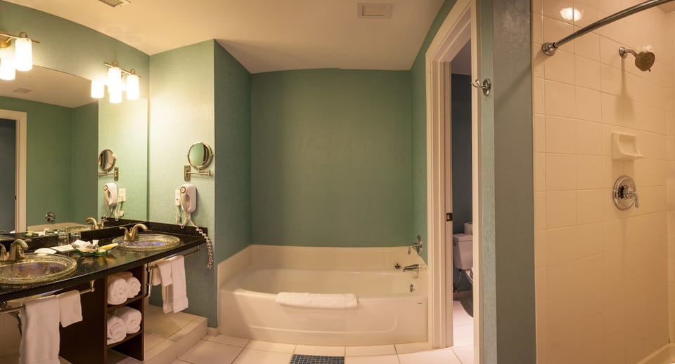 Designer toiletries, hair dryer, bathrobes, towels