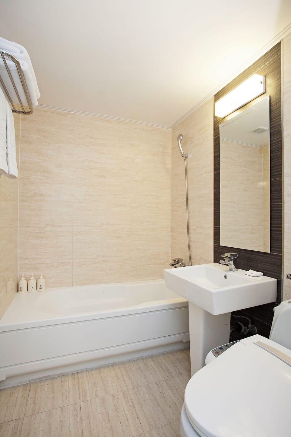 Hair dryer, bathrobes, slippers, towels