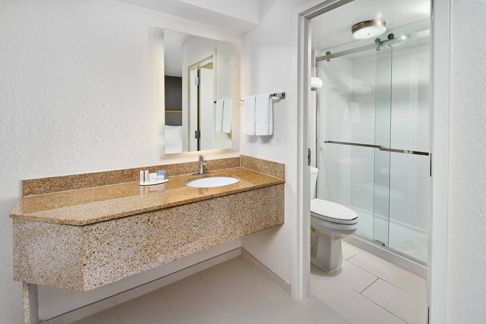 Shower, free toiletries, hair dryer, towels