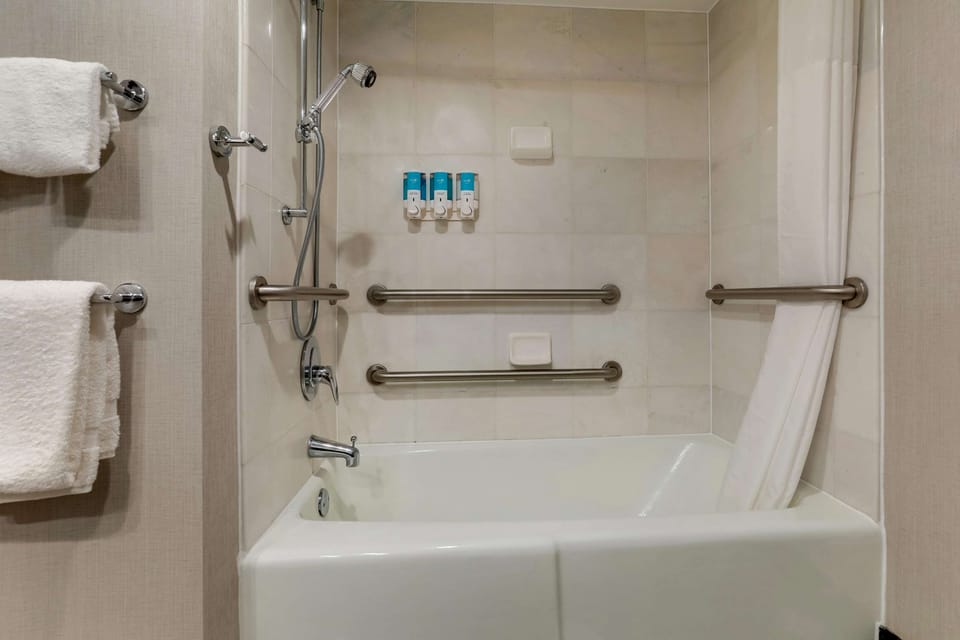 Combined shower/tub, free toiletries, hair dryer, towels