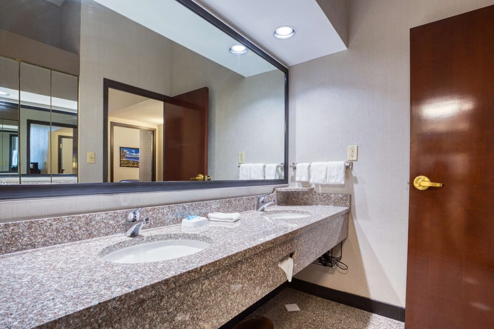 Combined shower/tub, free toiletries, hair dryer, towels