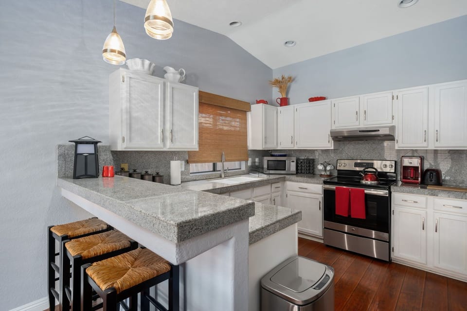 Stocked kitchen for dining in...
